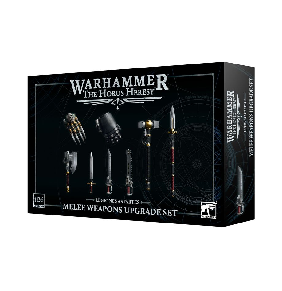 Warhammer: The Horus Heresy - Legiones Astartes - Melee Weapons Upgrades Set - Set of miniature Warhammer melee weapons including swords, axes, hammers, and claws in dark metallic finish, displayed on.