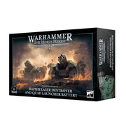 Warhammer: The Horus Heresy - Legions Astartes - Rapier Laser Destroyer and Quad Launcher Battery - Warhammer Horus Heresy model box with detailed Rapier Laser Destroyer and Quad Launcher Battery artillery vehicles in dark,.