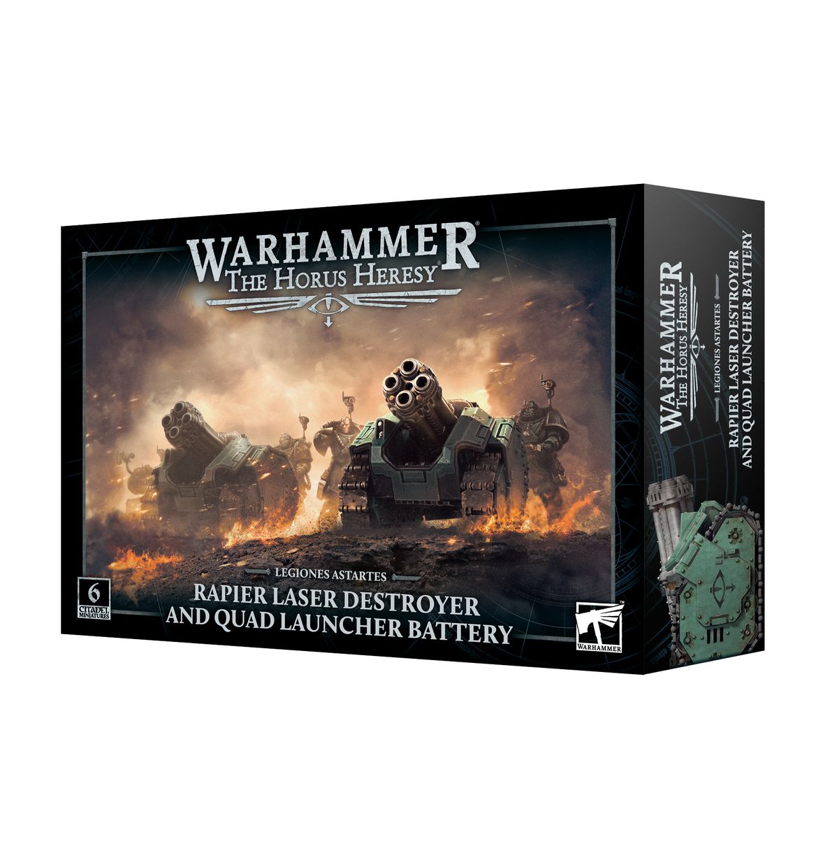 Warhammer: The Horus Heresy - Legions Astartes - Rapier Laser Destroyer and Quad Launcher Battery - Warhammer Horus Heresy model box with detailed Rapier Laser Destroyer and Quad Launcher Battery artillery vehicles in dark,.
