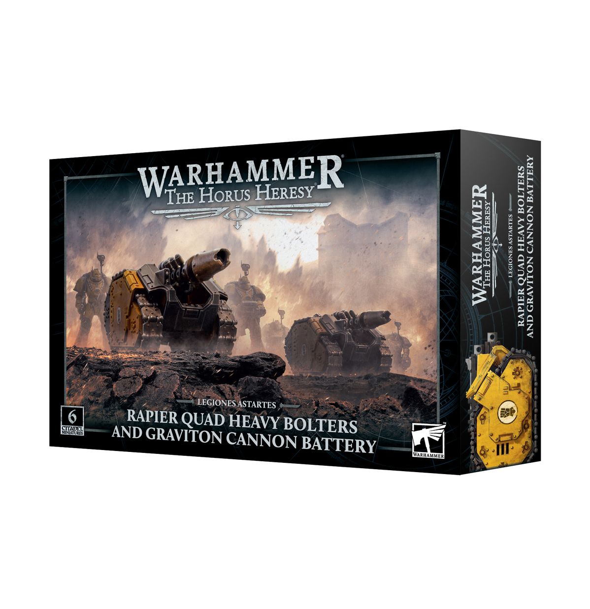 Warhammer: The Horus Heresy - Legions Astartes - Rapier Quad Heavy Bolters and Graviton Cannon Battery - Warhammer Horus Heresy Rapier Quad Heavy Bolters and Graviton Cannon Battery box with sci-fi artillery models in battle.