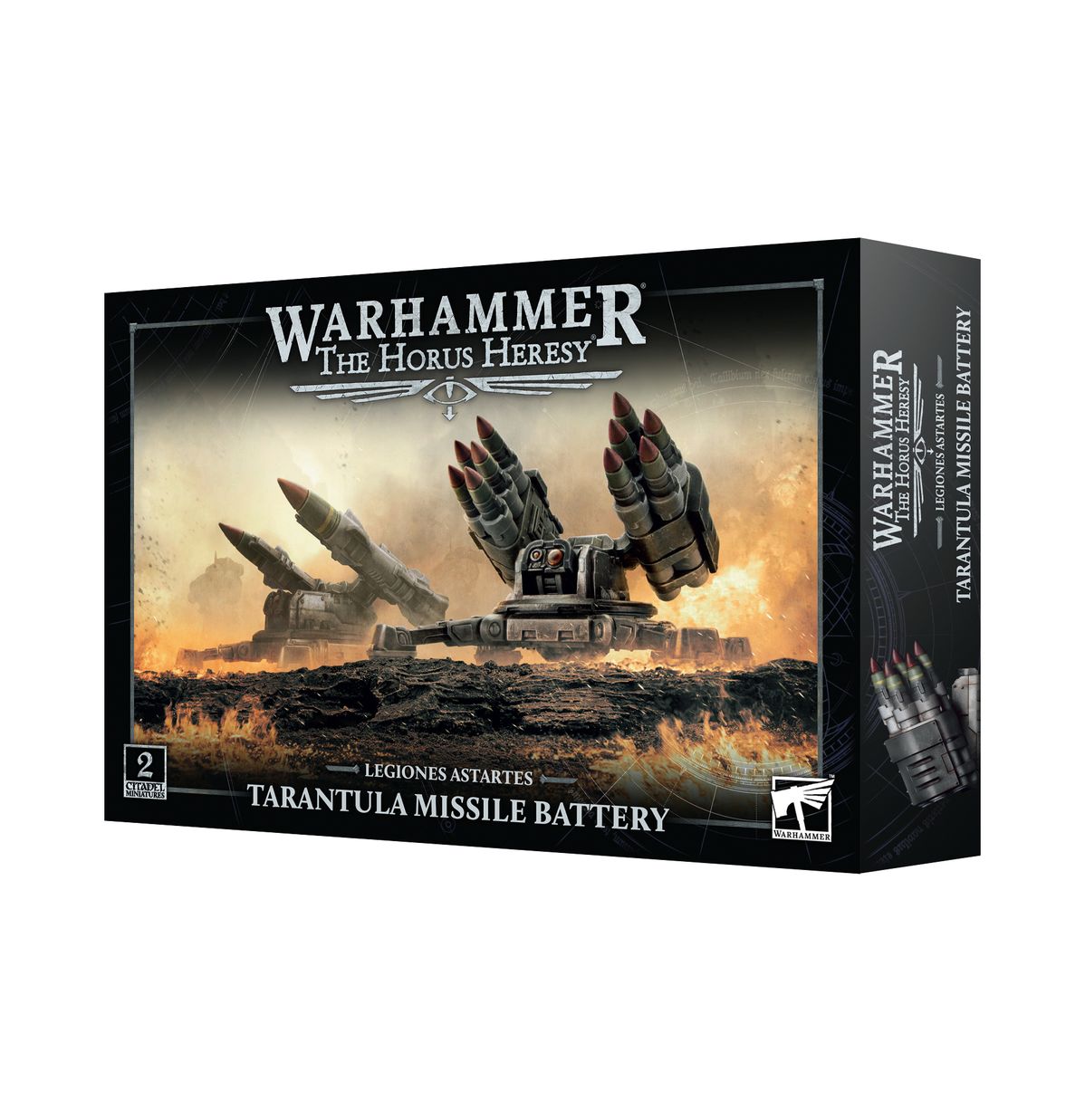 Warhammer: The Horus Heresy - Legions Astartes - Tarantula Missile Battery - Black and grey futuristic sci-fi missile battery model with multiple large launch tubes on tracked base set against fiery.