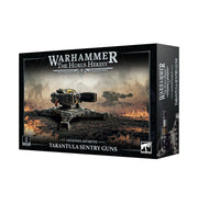 Warhammer: The Horus Heresy - Legions Astartes - Tarantula Sentry Guns - Black and metallic gray sci-fi turret model with dual barrels on a rugged base, Warhammer Horus Heresy set packaging.