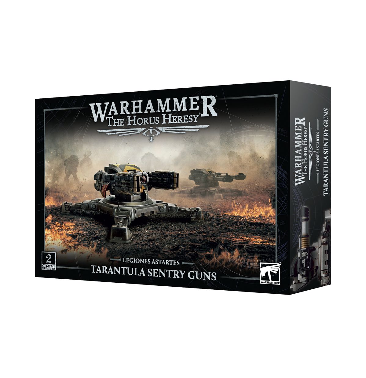 Warhammer: The Horus Heresy - Legions Astartes - Tarantula Sentry Guns - Black and metallic gray sci-fi turret model with dual barrels on a rugged base, Warhammer Horus Heresy set packaging.