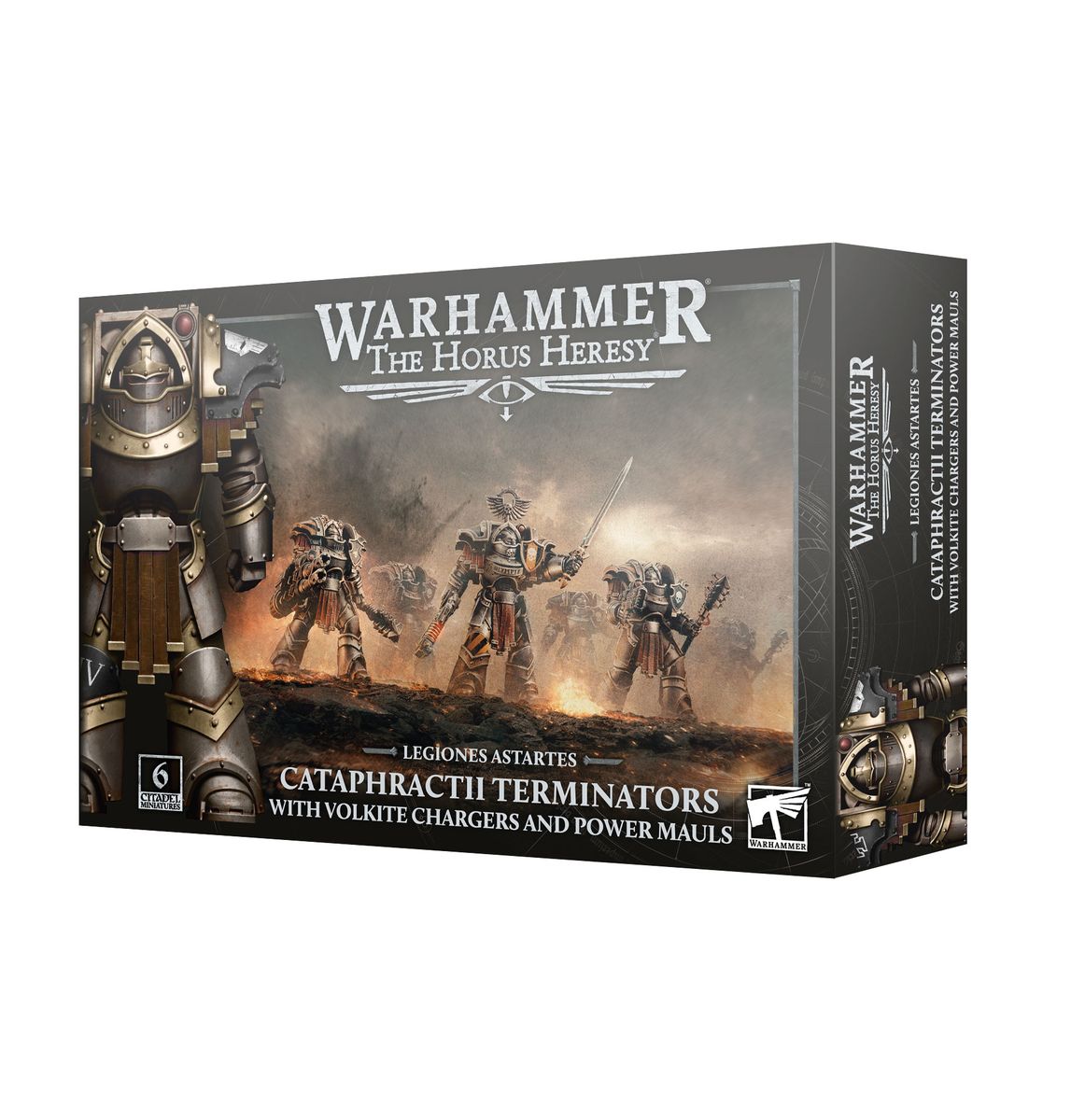 Warhammer: The Horus Heresy - Legiones Astartes - Cataphractii Terminators with Volkite Chargers and Power Mauls - Set of armored Warhammer Cataphractii Terminator miniatures with bulky power armor, Volkite Chargers, and large power mauls.