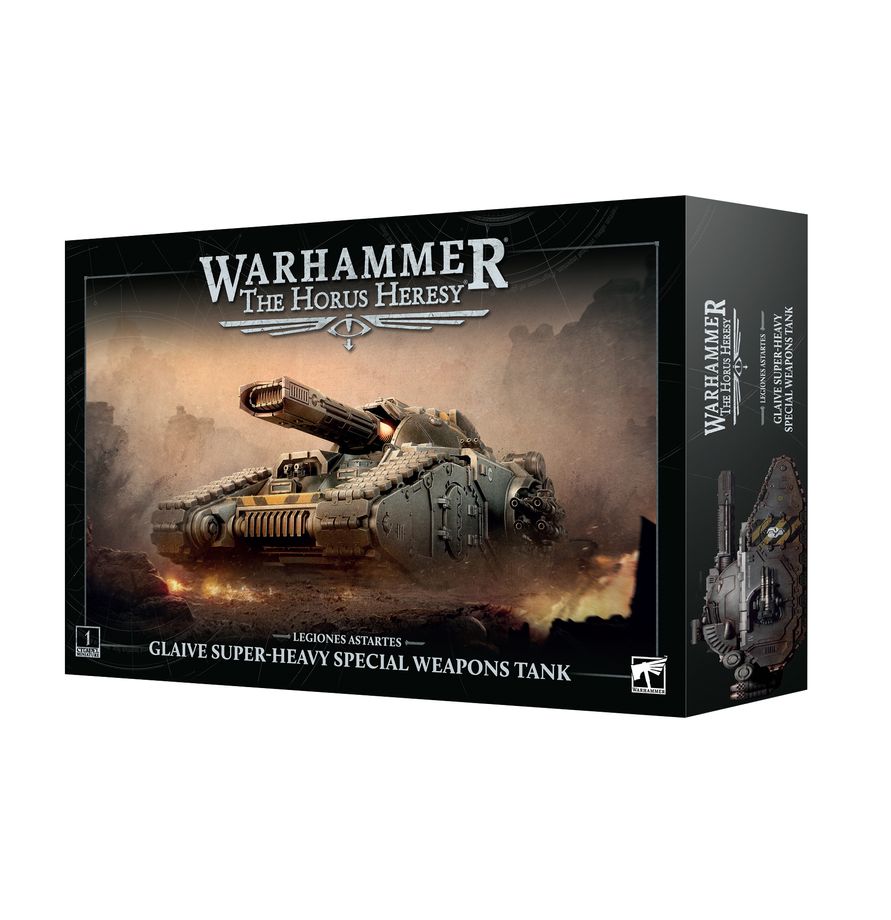 Warhammer: The Horus Heresy - Glaive Super-heavy Special Weapons Tank (PREORDER) - The Horus Heresy Glaive Super-heavy tank model kit box with a large armored vehicle in dark metallic tones and heavy.