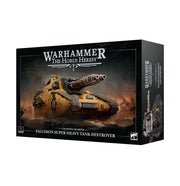 Warhammer: The Horus Heresy - Legiones Astartes - Falchion Super-heavy Tank Destroyer (PREORDER) - Falchion super-heavy tank model in yellow armor with large cannon and heavy tread wheels on a desert battlefield background.