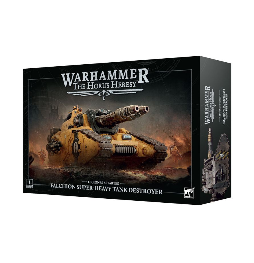 Warhammer: The Horus Heresy - Legiones Astartes - Falchion Super-heavy Tank Destroyer (PREORDER) - Falchion super-heavy tank model in yellow armor with large cannon and heavy tread wheels on a desert battlefield background.