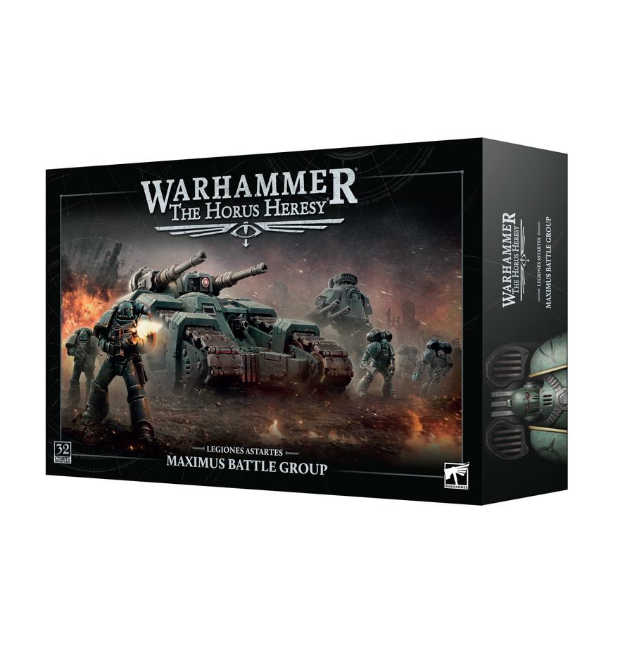Warhammer: The Horus Heresy - Legiones Astartes - Maximus Battle Group (PREORDER) - Warhammer Horus Heresy Maximus Battle Group box featuring armored infantry and a large futuristic tank in dark, battle-worn.