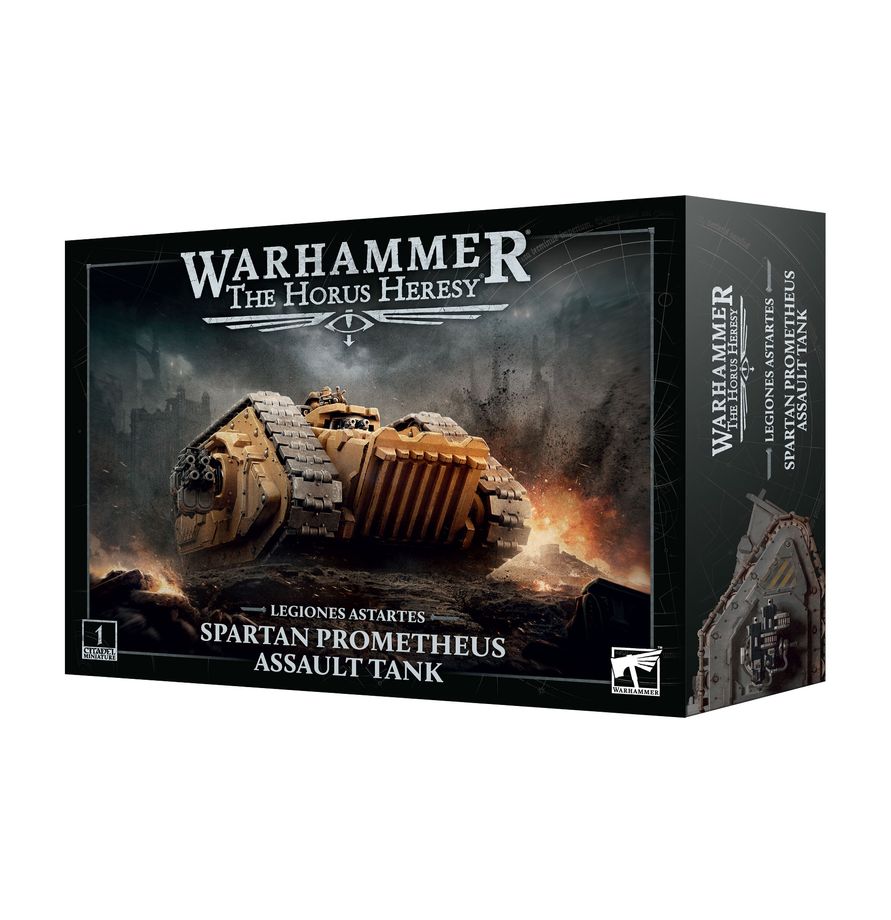 Warhammer: The Horus Heresy - Legiones Astartes - Spartan Prometheus Assault Tank (PREORDER) - Black Warhammer Horus Heresy Spartan Prometheus Assault Tank box with fiery battlefield art and tracked vehicle illustration.