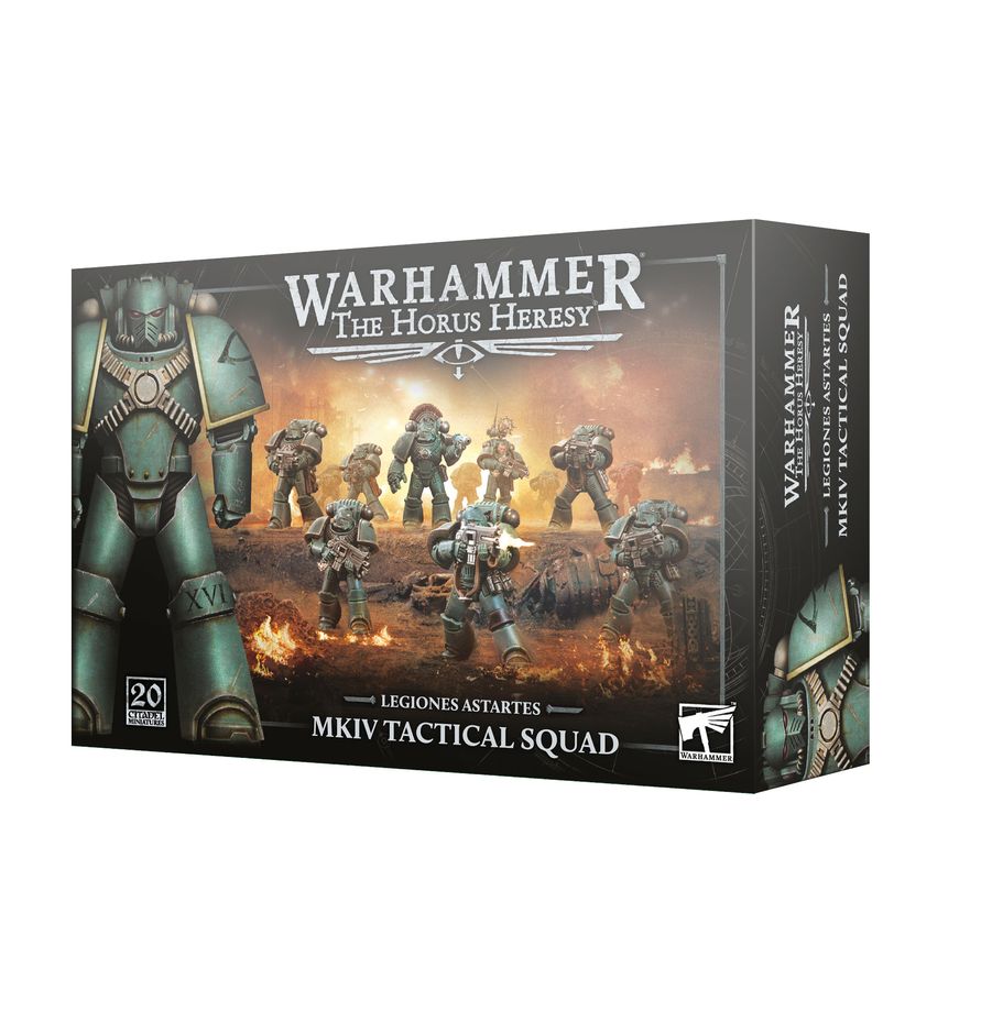 Warhammer: The Horus Heresy - Legiones Astartes - MkIV Tactical Squad (PREORDER) - Box art for Warhammer Horus Heresy MkIV Tactical Squad with detailed armored space marines in dark green and gray power.