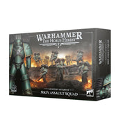Warhammer: The Horus Heresy - Legiones Astartes - MkIV Assault Squad (PREORDER) - Warhammer Horus Heresy MkIV Assault Squad box art showing gray armored Space Marines in battle poses with weapons on a fiery