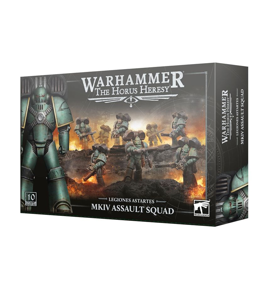 Warhammer: The Horus Heresy - Legiones Astartes - MkIV Assault Squad (PREORDER) - Warhammer Horus Heresy MkIV Assault Squad box art showing gray armored Space Marines in battle poses with weapons on a fiery