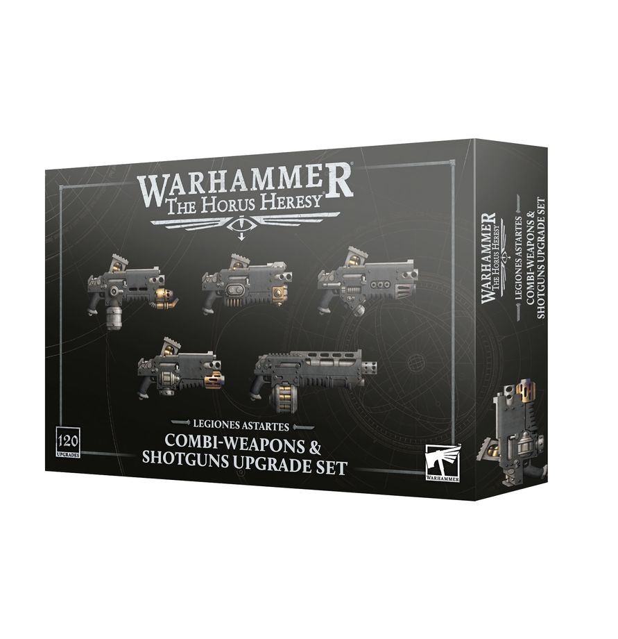 Warhammer: The Horus Heresy - Legiones Astartes - Combi-weapons & Shotgun Upgrades (PREORDER) - Black and gray Warhammer Horus Heresy upgrade set box featuring detailed combi-weapons and shotguns with metallic accents.
