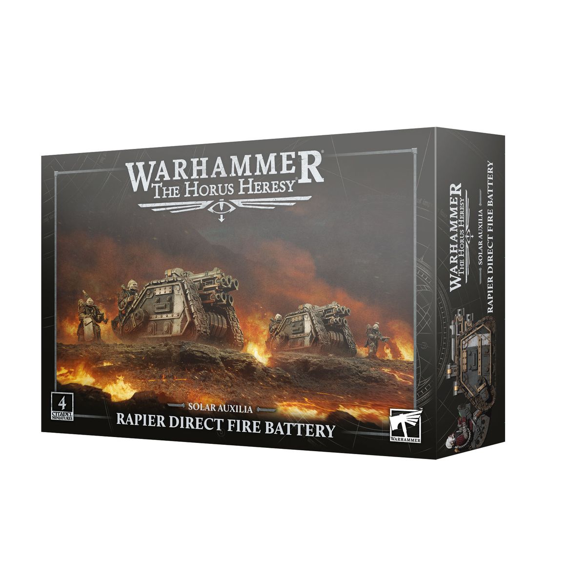 Warhammer: The Horus Heresy - Solar Auxilia - Rapier Direct Fire Battery (PREORDER) - Warhammer Horus Heresy Solar Auxilia Rapier Direct Fire Battery box art with armored tracked vehicles firing in a fiery.