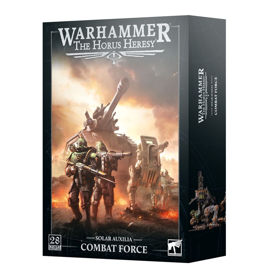 Warhammer: The Horus Heresy - Solar Auxilia - Combat Force - Warhammer The Horus Heresy Solar Auxilia Combat Force box featuring armored soldiers and a large battle tank with a dark,.