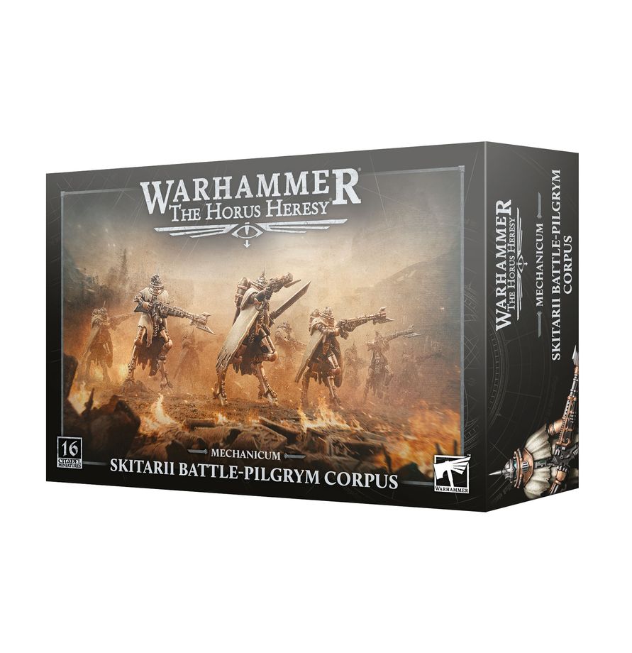 Warhammer: The Horus Heresy - Mechanicum - Skitarii Battle-Pilgrym Corpus (PREORDER) - Warhammer Horus Heresy Skitarii Battle-Pilgrym Corpus box art showing three detailed robotic warrior miniatures in bronze.