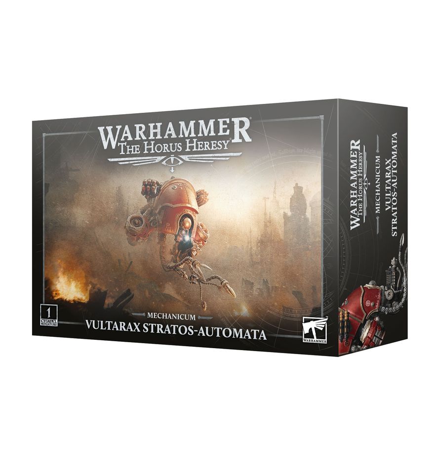 Warhammer: The Horus Heresy - Mechanicum - Vultarax Stratos-Automata (PREORDER) - Warhammer Horus Heresy Vultarax Stratos-Automata model box featuring a red and metallic mechanized robot with articulated.