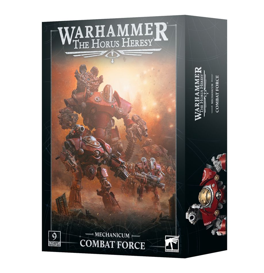 Warhammer: The Horus Heresy - Mechanicum - Combat Force - The Horus Heresy Mechanicum Combat Force box featuring red and bronze armored robotic warriors in battle stance against a.