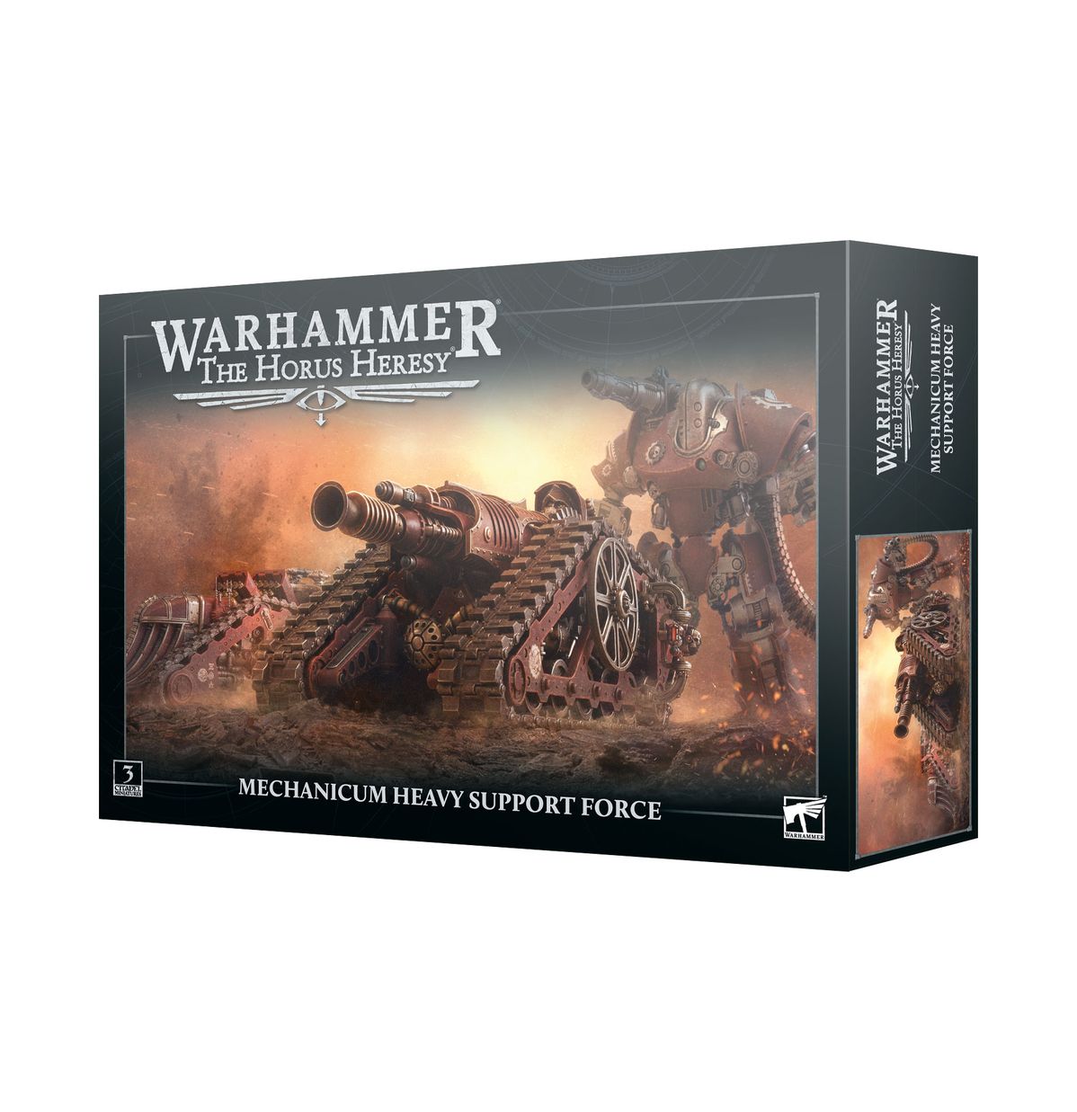 Warhammer: The Horus Heresy - Mechanicum Heavy Support Force - Warhammer The Horus Heresy Mechanicum Heavy Support Force box art featuring dark, rust-colored armored war machine with.