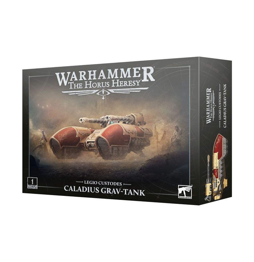 Warhammer: The Horus Heresy - Legio Custodes - Caladius Grav-tank (PREORDER) - Boxed Warhammer Horus Heresy Legio Custodes Caladius Grav-Tank model with red and gold grav-tank artwork.