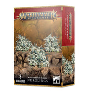 Warhammer Age of Sigmar - Maggotkin of Nurgle - Nurglings - Boxed set of three gray plastic Warhammer Age of Sigmar Nurglings miniatures with twisted, grotesque small creatures in.