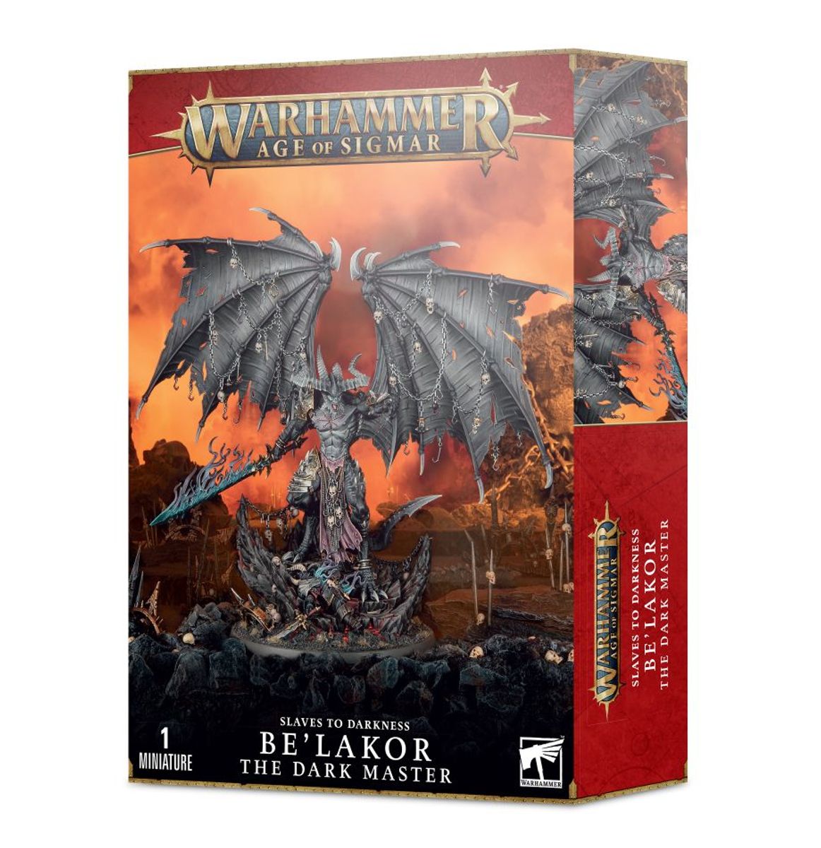 Warhammer Age of Sigmar - Slaves to Darkness - Be'lakor, the Dark Master - Detailed miniature of Be'lakor with large black bat-like wings, dark armor, and a spiked weapon, standing on a rocky base.