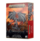 Warhammer Age of Sigmar - Slaves to Darkness - Be'lakor, the Dark Master - Detailed miniature of Be'lakor with large black bat-like wings, dark armor, and a spiked weapon, standing on a rocky base.