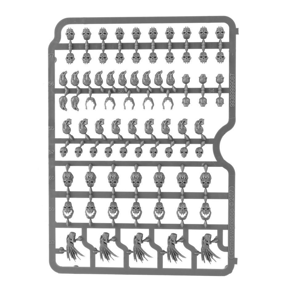 Citadel - Skulls - Gray plastic sprue featuring miniature skulls and skeletal decorations for model customization.