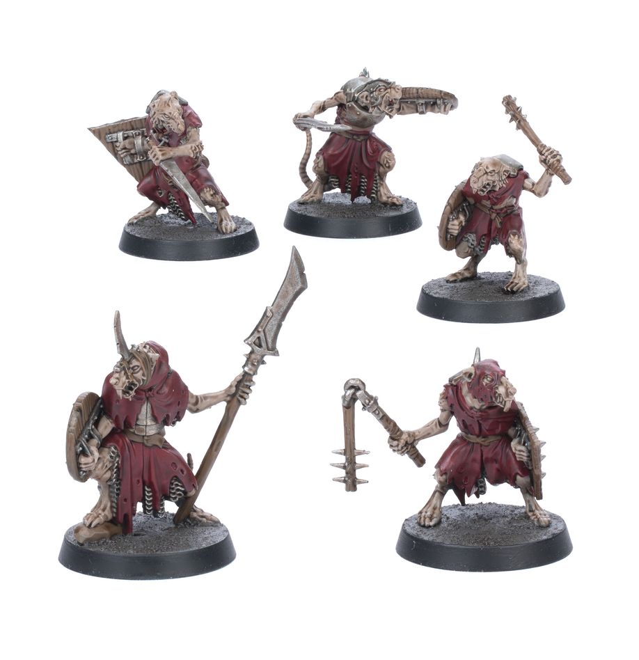 Warhammer Age of Sigmar - Skaven Paint Set - Five detailed Skaven warrior miniatures in red and beige armor, wielding weapons like spears, swords, and flails, standing.
