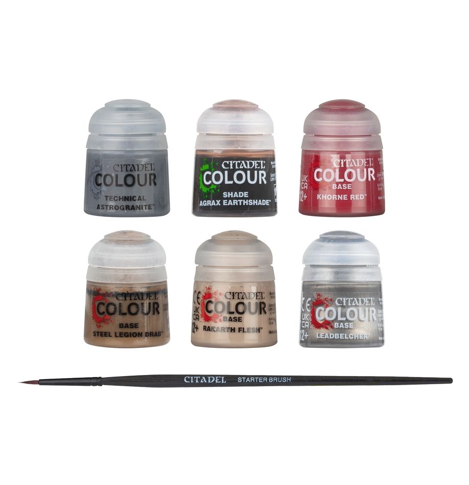 Warhammer Age of Sigmar - Skaven Paint Set - Six small round paint pots in gray, green, red, beige, brown, and silver with a fine detail paintbrush below them.