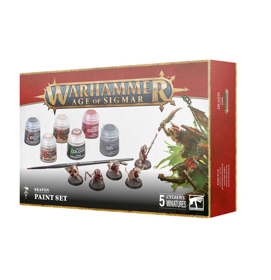 Warhammer Age of Sigmar - Skaven Paint Set - Warhammer Age of Sigmar Skaven Paint Set with five small paint pots and painted miniatures on red and black box.