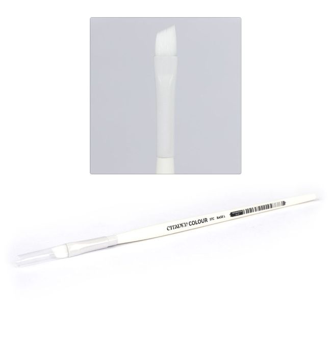 Citadel - Large Synthetic Base Brush - White synthetic paintbrush with flat, angled bristles and a slender handle labeled Citadel Large Base Brush.