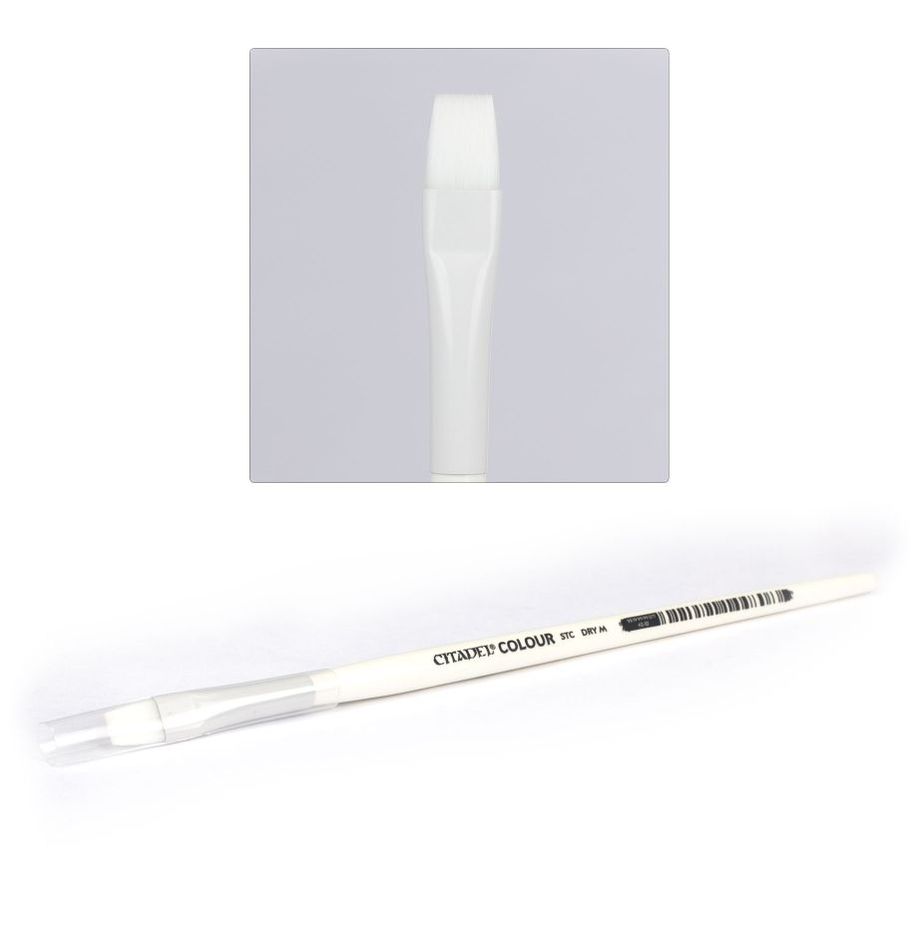 Citadel - Medium Synthetic Dry Brush - Medium synthetic paintbrush with white flat bristles and a white wooden handle marked Citadel Cleaner.