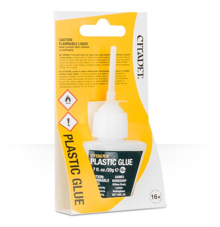Citadel Plastic Glue - Citadel Plastic Glue bottle with precision nozzle in yellow and white packaging.