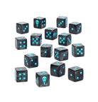 Warhammer 40,000 - Raven Guard - Dice - Set of 14 black six-sided dice with bright blue pips and a skull icon on one die, Warhammer 40K themed.