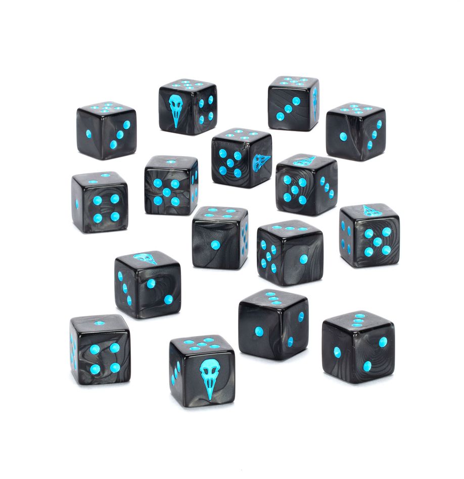 Warhammer 40,000 - Raven Guard - Dice - Set of 14 black six-sided dice with bright blue pips and a skull icon on one die, Warhammer 40K themed.