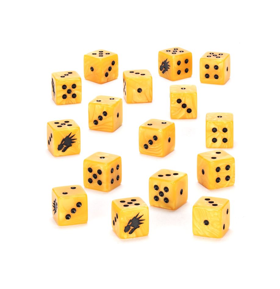 Warhammer 40,000 - Salamanders - Dice - Set of 16 yellow six-sided dice with black pips and Salamanders flame icon from Warhammer 40k.