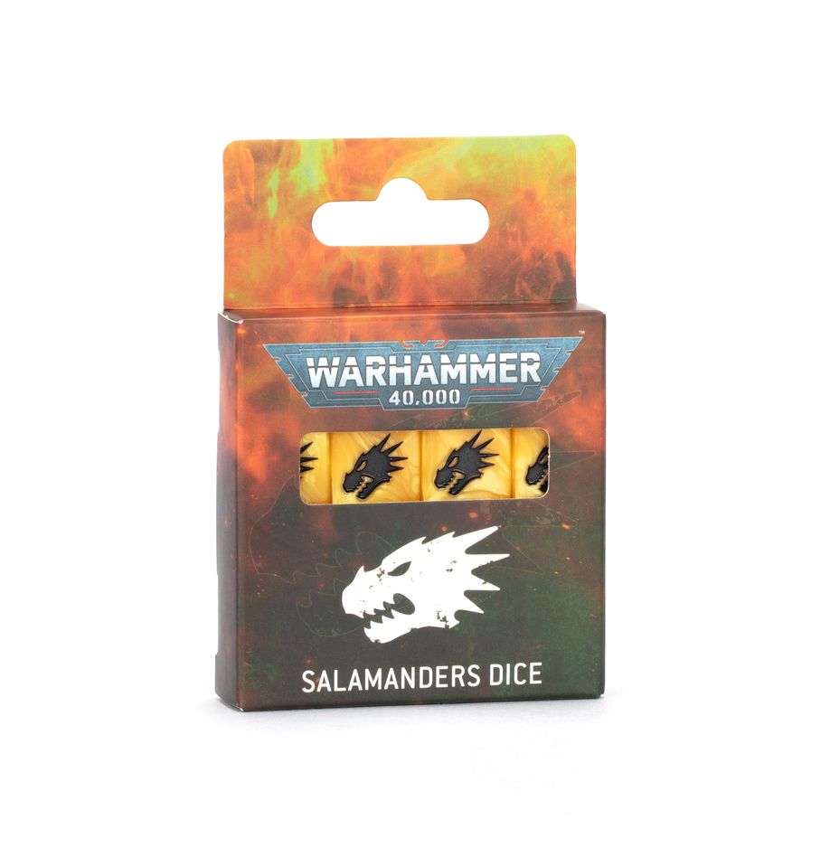 Warhammer 40,000 - Salamanders - Dice - Set of six yellow six-sided dice featuring black Salamanders chapter icons, packaged in Warhammer 40,000 branded box with.