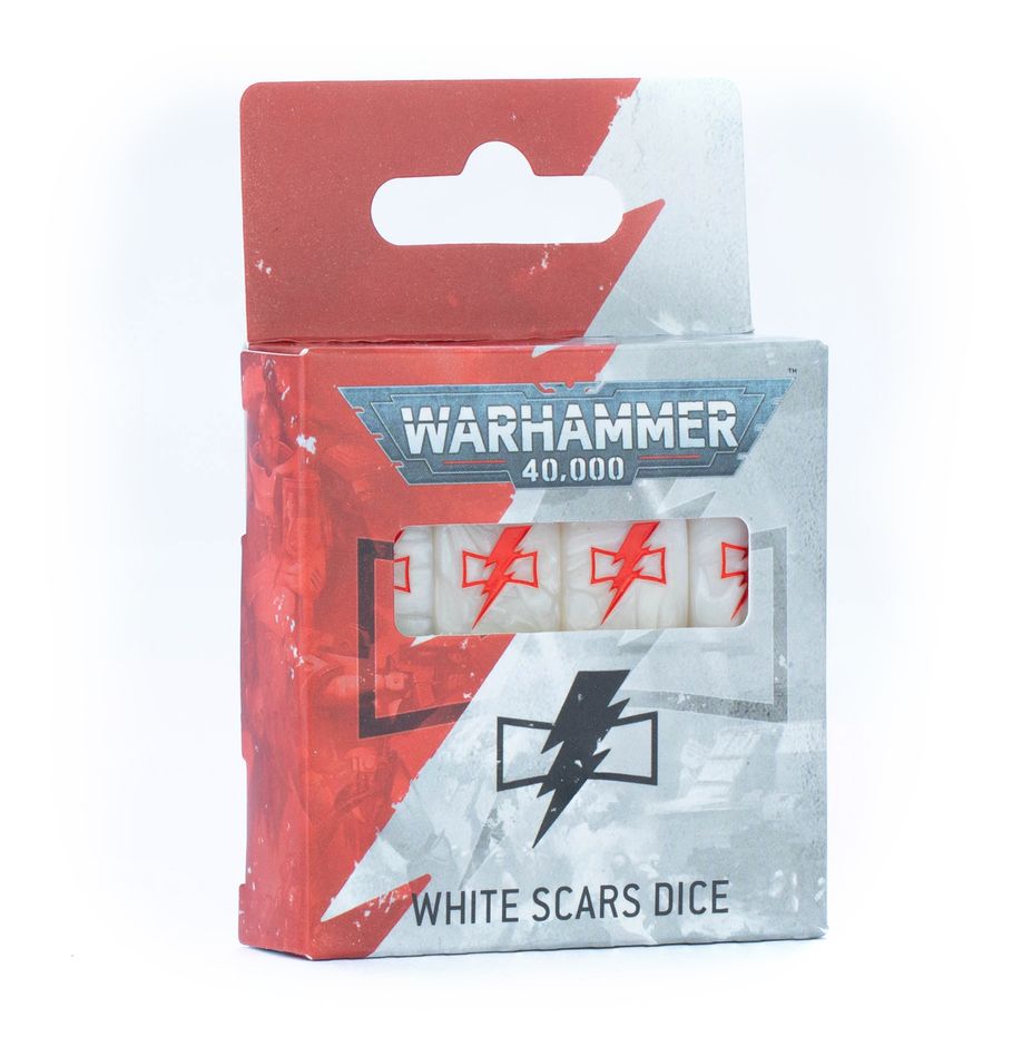 Warhammer 40,000 - White Scars - Dice - Set of four white six-sided dice with red Warhammer 40,000 White Scars lightning bolt symbols on each face in red and black.