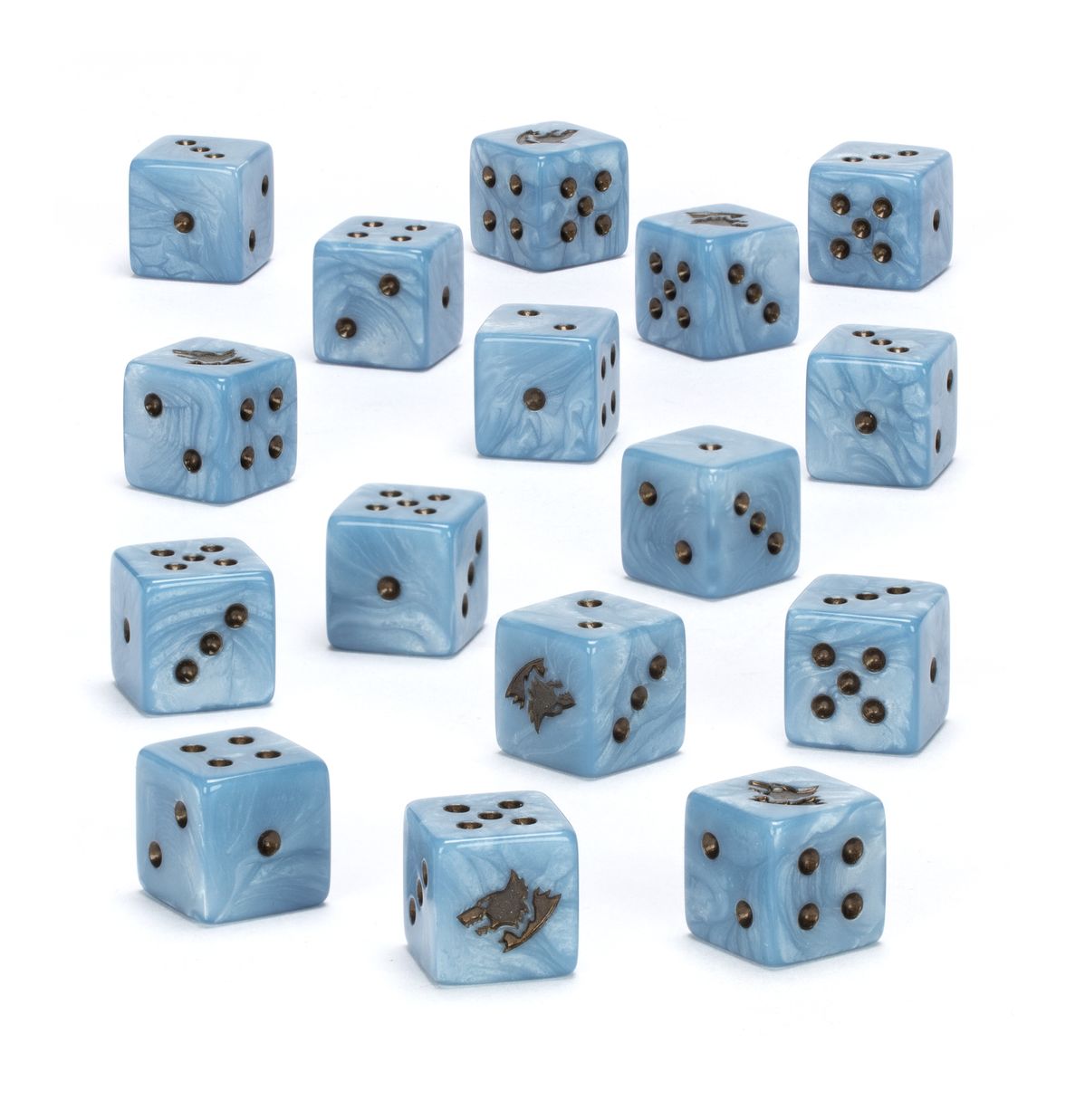 Warhammer 40,000 - Space Wolves - Dice - Set of fifteen blue marbled six-sided dice with black pips and Warhammer 40,000 Space Wolves symbols.