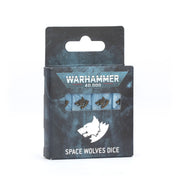 Warhammer 40,000 - Space Wolves - Dice - Set of three light blue six-sided dice with black wolf head symbols, packaged in a black and blue Warhammer 40,000 themed.