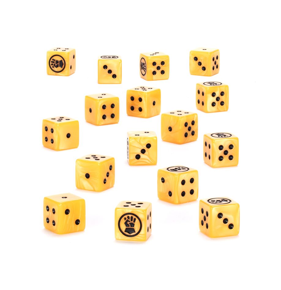 Warhammer 40,000 - Imperial Fists - Dice - Yellow Warhammer 40,000 dice with black pips and Imperial Fists emblem on some sides.