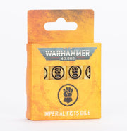 Warhammer 40,000 - Imperial Fists - Dice - Set of six beige dice featuring black fist symbols, packaged in yellow-orange Warhammer 40,000 Imperial Fists branded box.