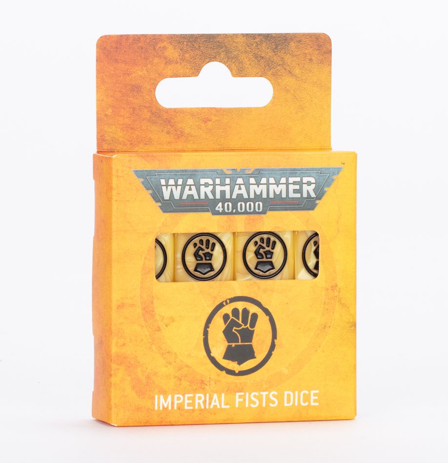 Warhammer 40,000 - Imperial Fists - Dice - Set of six beige dice featuring black fist symbols, packaged in yellow-orange Warhammer 40,000 Imperial Fists branded box.
