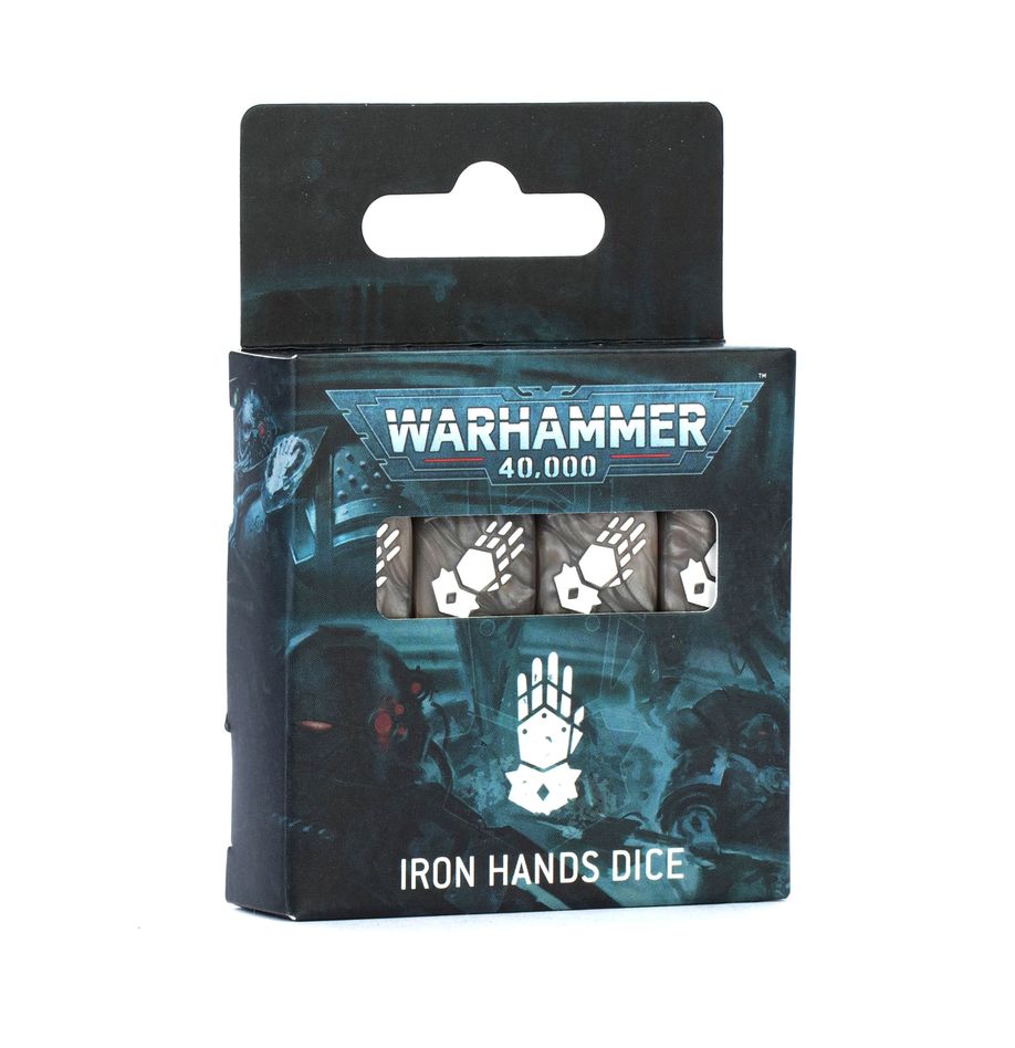 Warhammer 40,000 - Iron Hands - Dice - Set of six black polyhedral dice with white Iron Hands emblem on each face, packaged in a Warhammer 40,000-themed box.