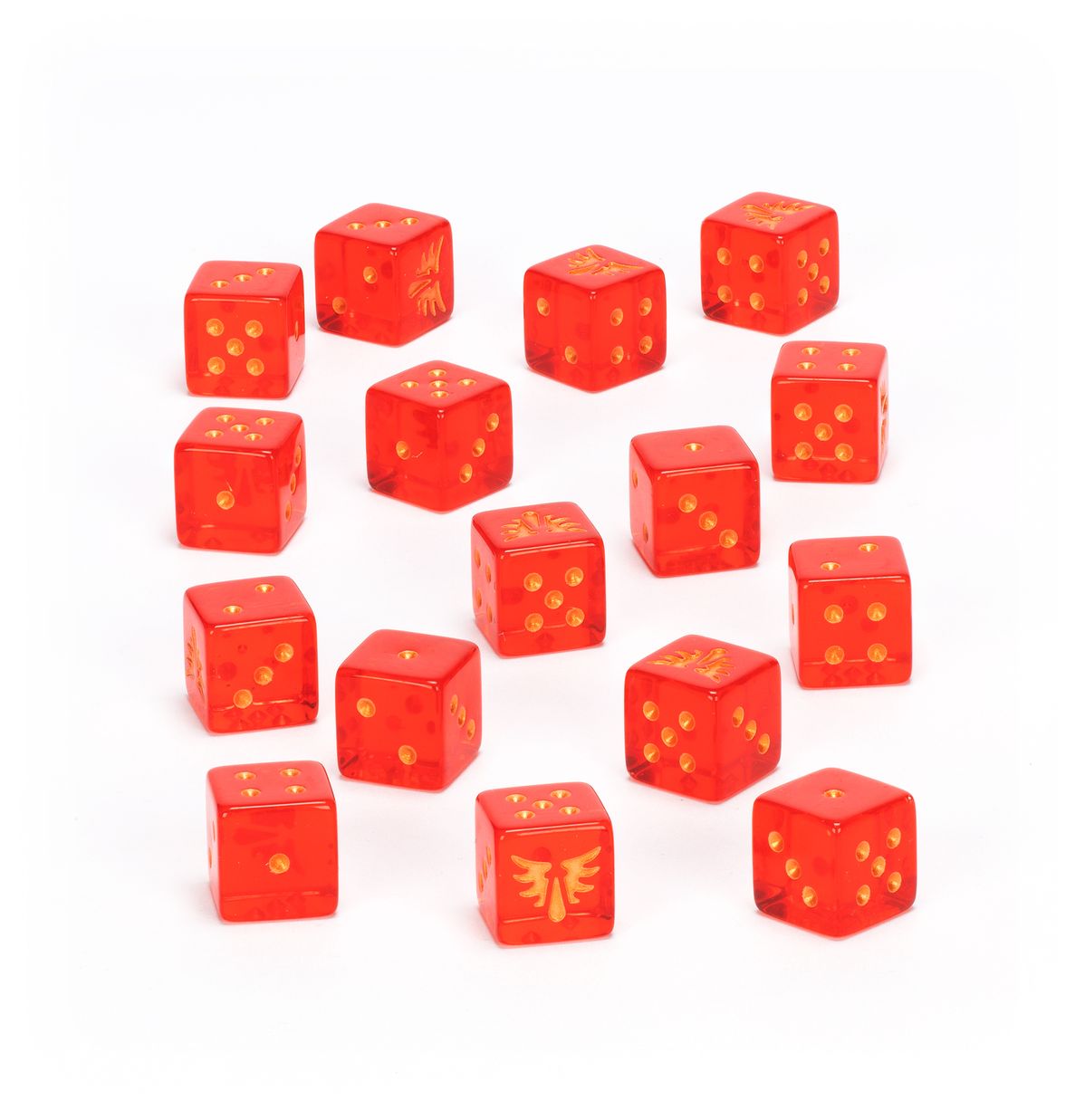 Warhammer 40,000 - Blood Angels - Dice - Fifteen translucent red six-sided dice with yellow pips and Blood Angels emblem on one die.