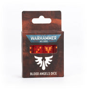 Warhammer 40,000 - Blood Angels - Dice - Red six-sided dice with yellow pips featuring the Blood Angels symbol on a brown Warhammer 40,000 branded box.