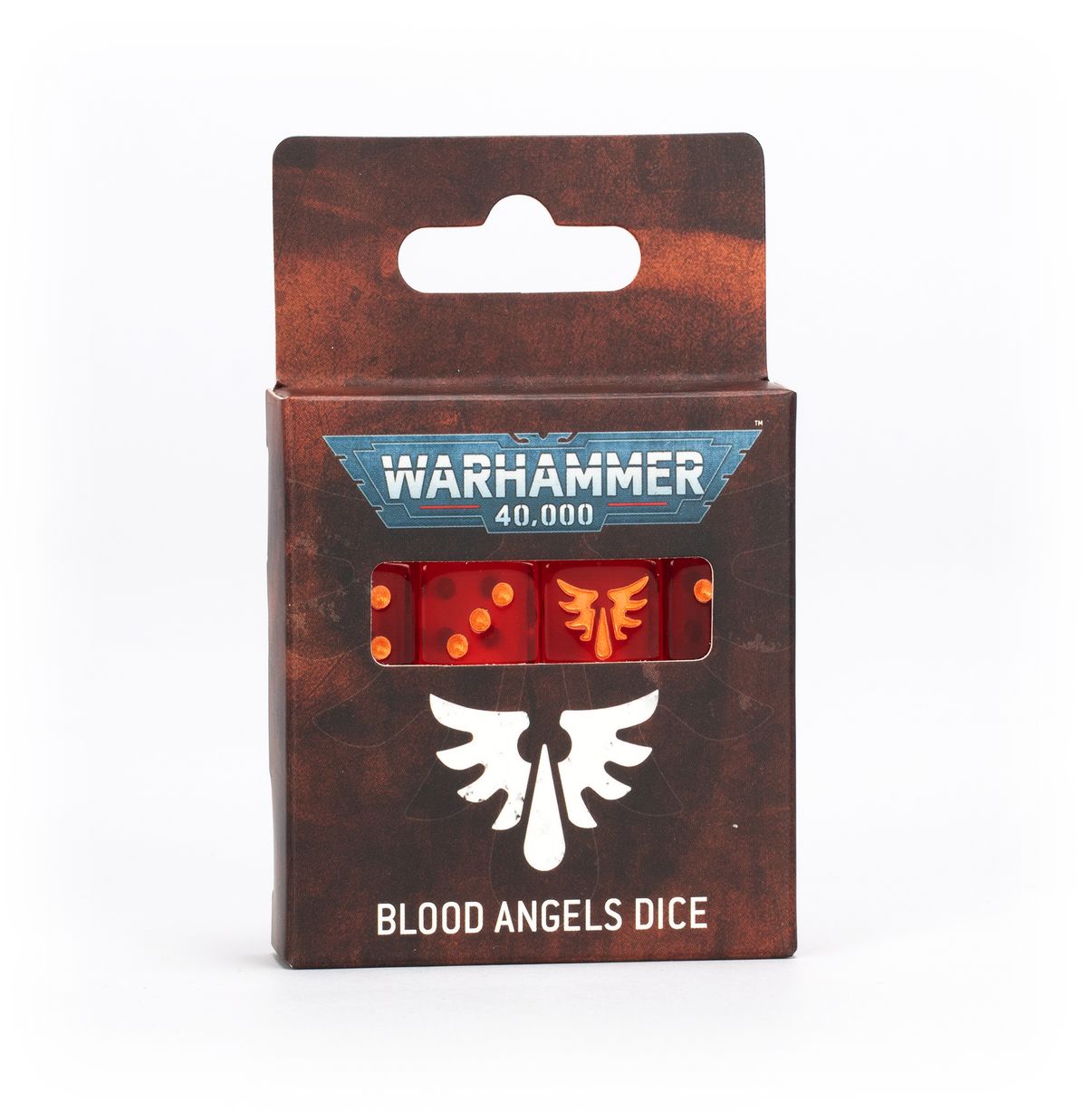 Warhammer 40,000 - Blood Angels - Dice - Red six-sided dice with yellow pips featuring the Blood Angels symbol on a brown Warhammer 40,000 branded box.
