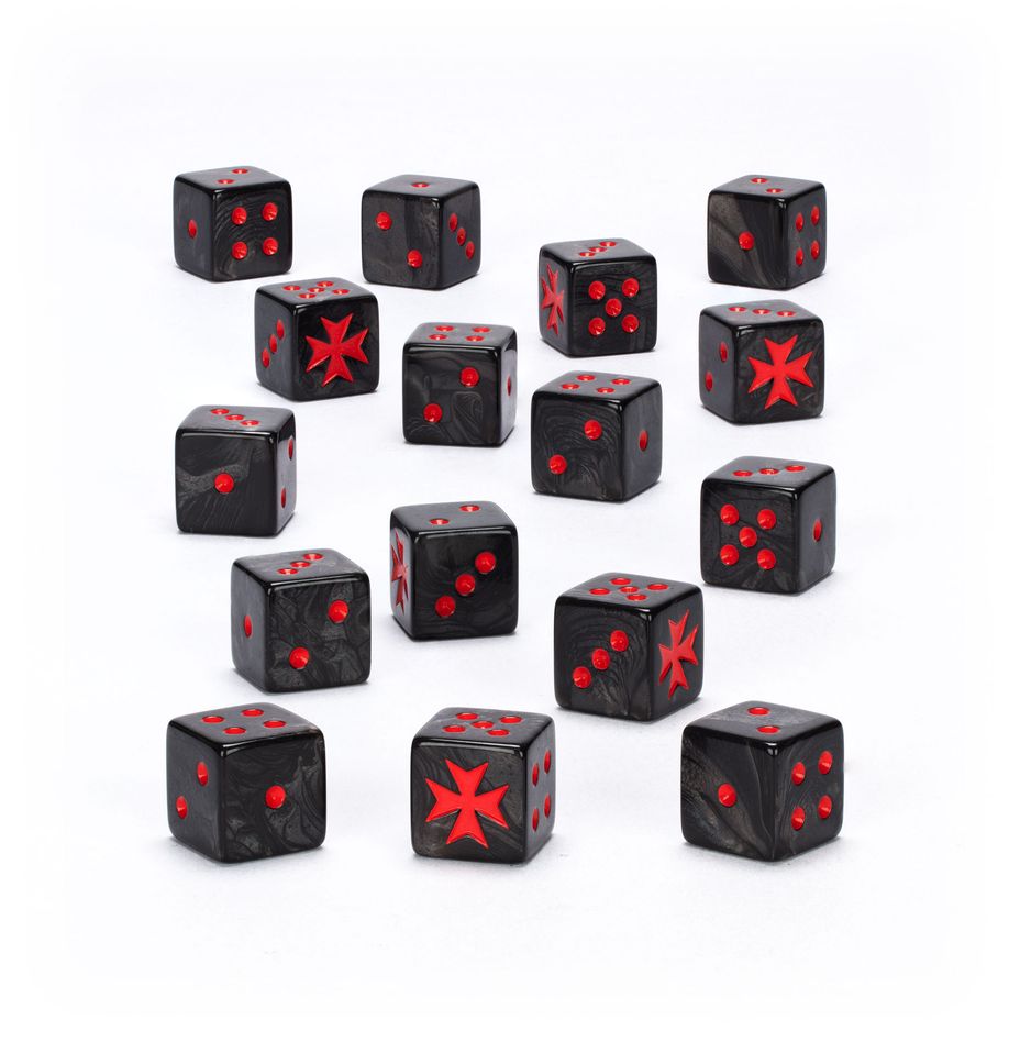 Warhammer 40,000 - Black Templars - Dice - Set of black six-sided dice with red pips and red Black Templars cross symbols on some faces.