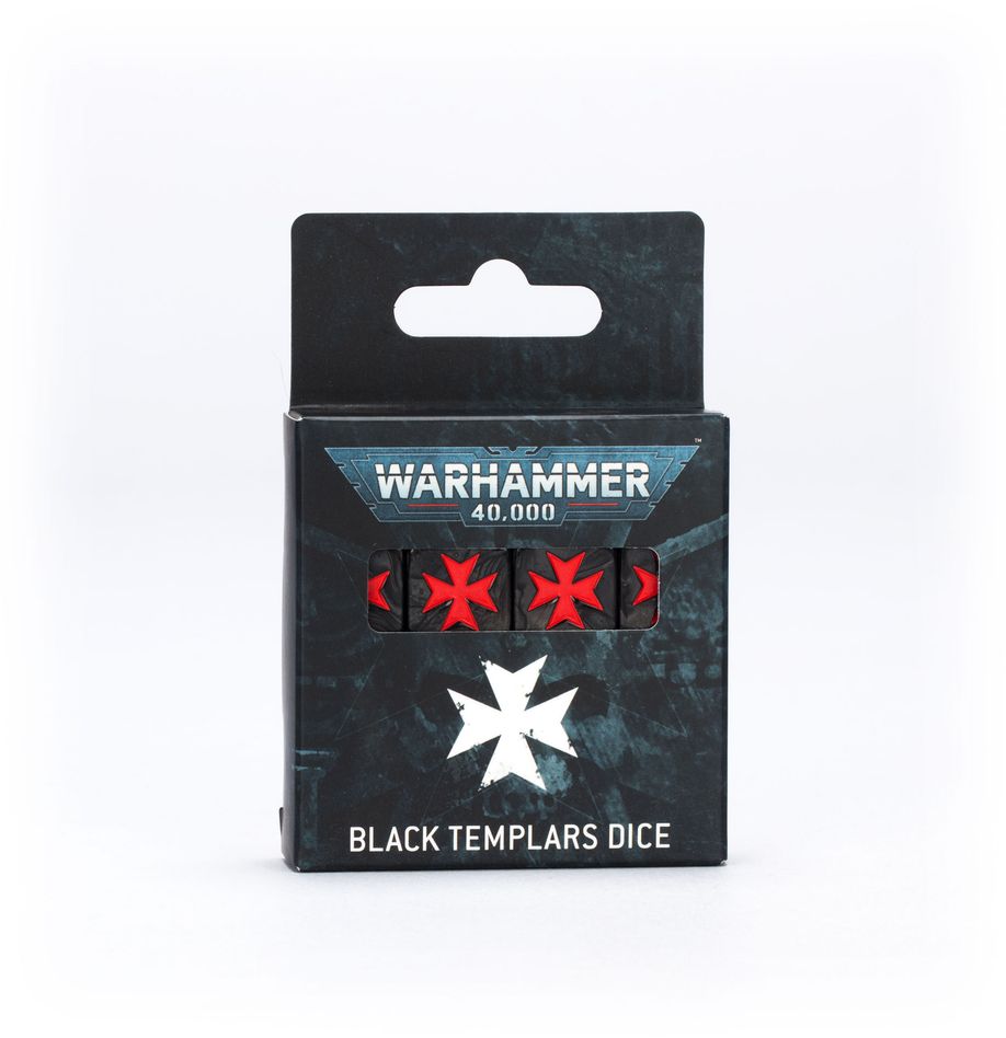 Warhammer 40,000 - Black Templars - Dice - Black Templars Warhammer 40,000 dice set in black packaging with white and red symbols and logo.